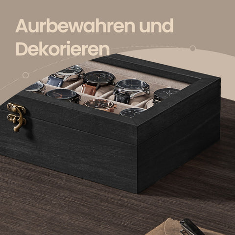 Rootz Solid Wood Watch Box - Glass Lid - 12 Compartment Organizer - Gift Idea - 21cm x 35cm x 8.5cm