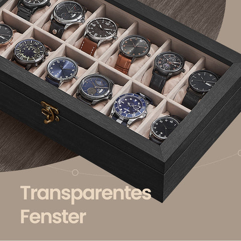 Rootz Solid Wood Watch Box - Glass Lid - 12 Compartment Organizer - Gift Idea - 21cm x 35cm x 8.5cm