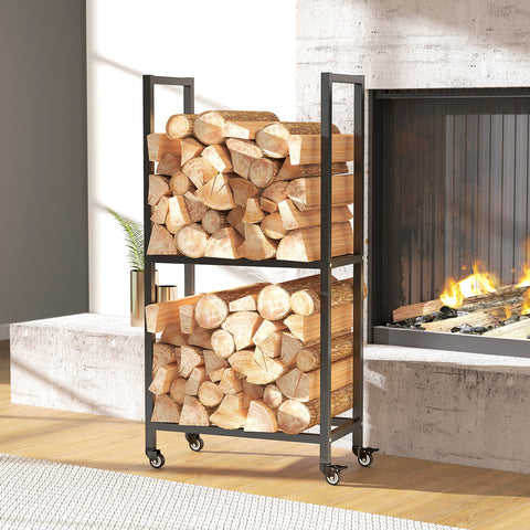 Rootz Firewood Rack – Indoor Log Holder – Steel Wood Storage – 2 Tiers, Rolling Wheels, Organized Firewood, 60 x 30 x 119 cm – Black