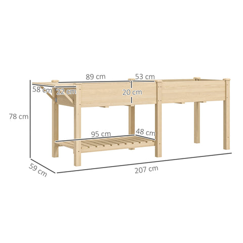 Rootz Elevated Wooden Planter - Raised Bed - Garden Planter with Shelf - Robust Design and Drain Holes - 207x59x78cm