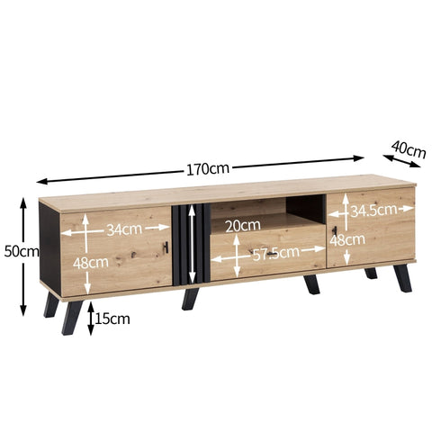 Rootz TV Cabinet - Media Console - Entertainment Unit - Ample Storage - 170cm x 40cm x 50cm - Wood & Black Design