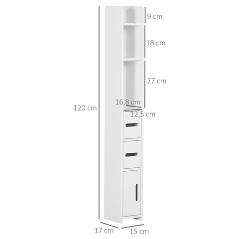 Rootz Tall Bathroom Cabinet - Storage Cupboard - Space-Saving Cabinet - Moisture-Resistant MDF - 15 x 17 x 120 cm White