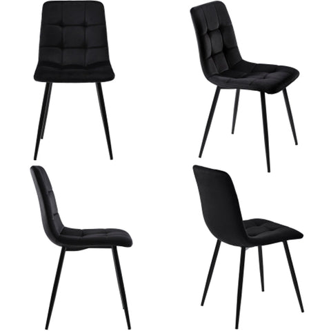 Rootz Set of 4 Black Dining Chairs - Velvet Look - Padded Comfort - Ergonomic Design - 44L x 46W x 86H cm - Metal Frame - Easy Assembly
