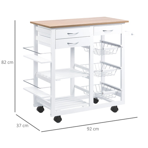 Rootz Kitchen Trolley with Wheels - Serving Trolley - Versatile Cart - Spacious Storage - 92W x 37D x 82H cm - White, Brown
