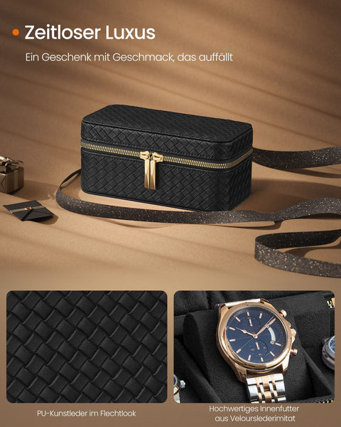 Rootz Watch Box with Cover - Jewelry Organizer - Watch Case - Ink Black PU - Imitation Suede Lining - 10cm x 20cm x 9cm