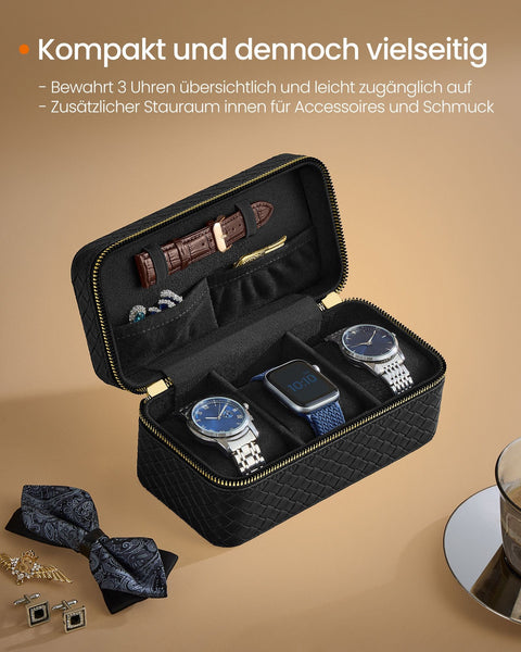 Rootz Watch Box with Cover - Jewelry Organizer - Watch Case - Ink Black PU - Imitation Suede Lining - 10cm x 20cm x 9cm