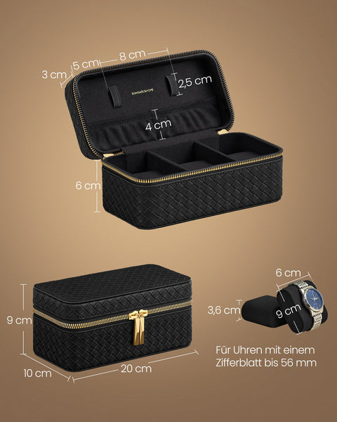 Rootz Watch Box with Cover - Jewelry Organizer - Watch Case - Ink Black PU - Imitation Suede Lining - 10cm x 20cm x 9cm