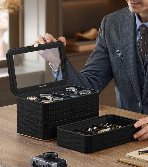 Rootz Collection Watch Box - Jewelry Case - Storage Box - 3 Level Organizer -  Black - 16.3cm x 27.3cm x 20.5cm