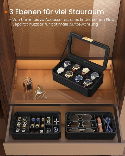 Rootz Collection Watch Box - Jewelry Case - Storage Box - 3 Level Organizer -  Black - 16.3cm x 27.3cm x 20.5cm
