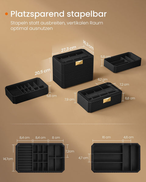 Rootz Collection Watch Box - Jewelry Case - Storage Box - 3 Level Organizer -  Black - 16.3cm x 27.3cm x 20.5cm