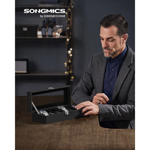 Rootz Watch Box Organizer - Jewelry Storage Case - Display Case - MDF Construction - Velvet Lining - PU Cover - Glass Lid - 11.2cm x 30cm x 8cm