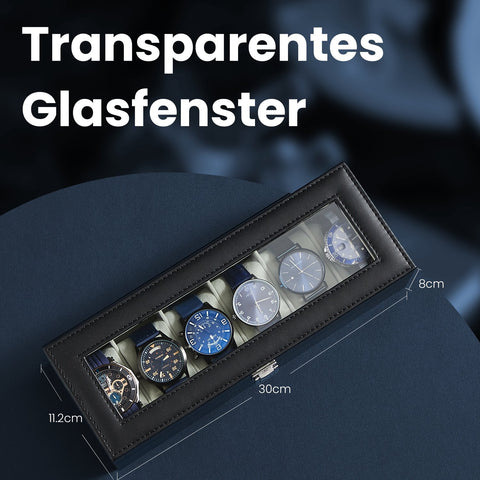 Rootz Watch Box - Glass Lid - 6 Compartment Display - Protect & Showcase Watches - Velvet Interior - 30cm x 11.2cm x 8cm