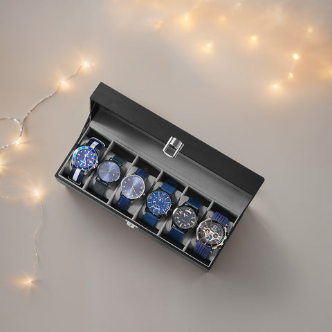 Rootz Watch Box - Glass Lid - 6 Compartment Display - Protect & Showcase Watches - Velvet Interior - 30cm x 11.2cm x 8cm