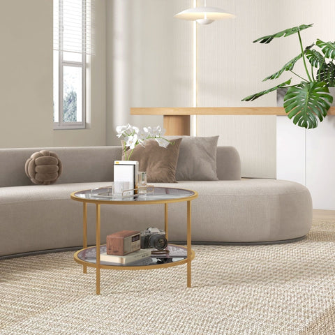 Rootz Side Table - Modern Bedside Table - Nightstand - Tempered Glass - Powder-Coated Steel - 60cm x 43cm - 2-Tier Shelf - Gold