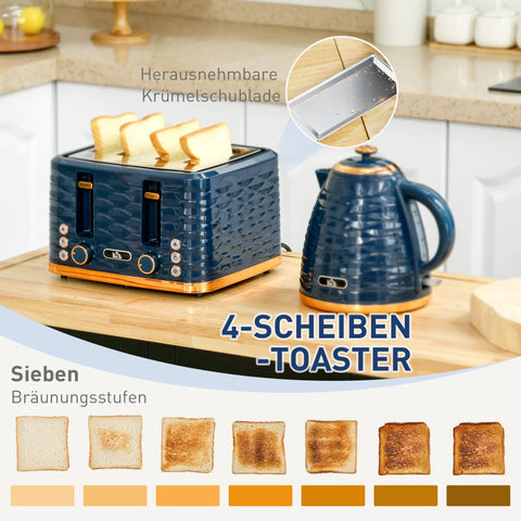 Rootz 2-in-1 Toaster and Kettle Set - Breakfast Combo - Blue Kitchen Appliances - 7 Browning Levels - 24.1cm x 19.5cm x 23.2cm
