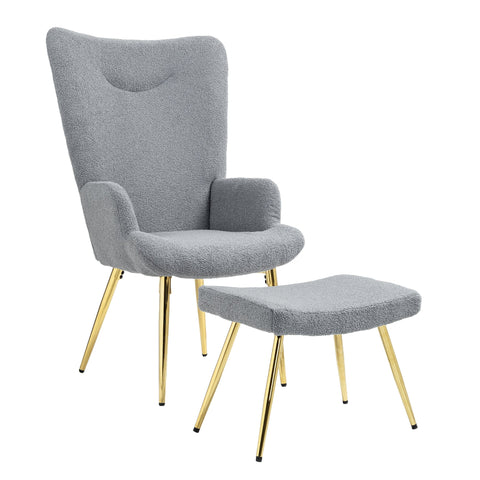 Rootz Lounge Relaxation Armchair Set - Foot Stools - Grey Bouclé Fabric - Great Comfort - 73x68x111cm Armchair, 52x38x40cm Stool
