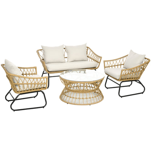 Rootz 4-Part Garden Furniture Set - Rattan Sofa Set - Patio Seating - Comfort Cushions - Sofa 127x72x72cm, Armchair 72x72x72cm, Table Ø80x45cm