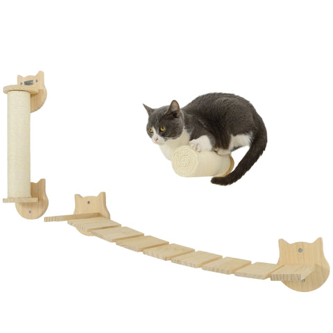 Rootz Wall Scratching Post Set - Cat Climbing Wall - Furniture Protector - Space-Saving Design - Pine Wood - Scratching Post 15.5x12.5x57.5cm, Ladder 91x22x15.5cm