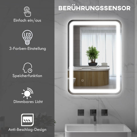 Rootz Bathroom Mirror - LED Vanity Mirror - Touch Switch - Adjustable Lighting - Anti-Fog - Memory Function - Wall Mounted - 50cm x 4cm x 70cm