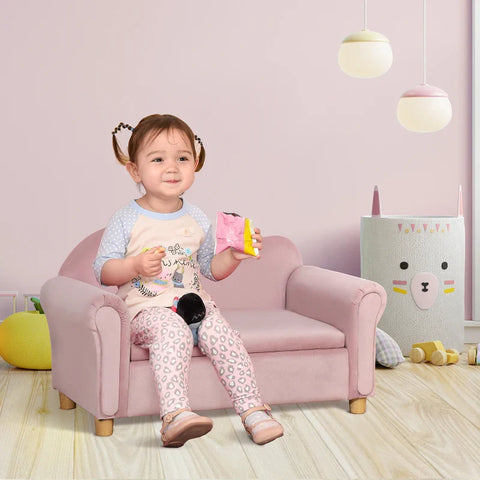 Rootz Children's Sofa - Two-seater For Children - 3-5 Years - Storage Space - Natural Wood Frame - Pink - 84 x 41.5 x 48.5cm