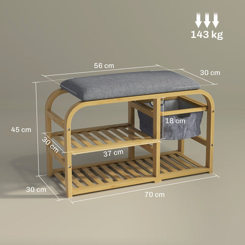 Rootz Shoe Bench with Shelves - Shoe Storage Bench - Bamboo Seat - Upholstered Seat - 70cm x 30cm x 45cm - Soft Comfort & Efficient Organization