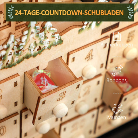 Rootz Festive Magical Christmas Advent Calendar - Wooden Village - LED Lights - 24 Day Countdown - MDF - 45cm x 9cm x 42.5cm