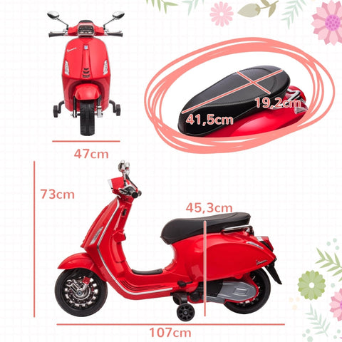 Rootz 6V Vespa Electric Motorcycle - Kids Motorcycle - Ride-On Electric Bike - Glowing Headlights - Music - FM Radio - Stable Wheels - 107cm x 47cm x 73cm