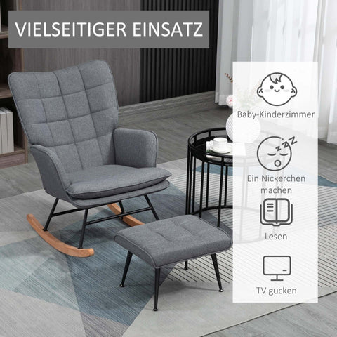 Rootz Rocking Chair with Footstool - Nursing Chair - Padded Armchair - Elegant Design - Beech Wood Legs - Gray - 64cm x 89cm x 90cm
