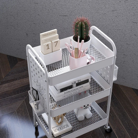 Rootz Serving Trolley - Multi-purpose Trolley - 4 Wheels - All-purpose Trolley - 3 Shelves - Steel - White - 53.5 cm x 30.5 cm x 75 cm