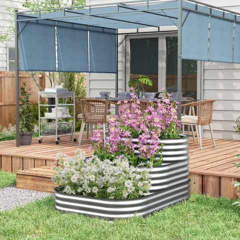 Rootz Raised Bed - Outdoor Flower Stairs - Planter Box - 3 Steps - Garden Bed - Galvanized Metal - Silver - 158cm x 109cm x 82cm