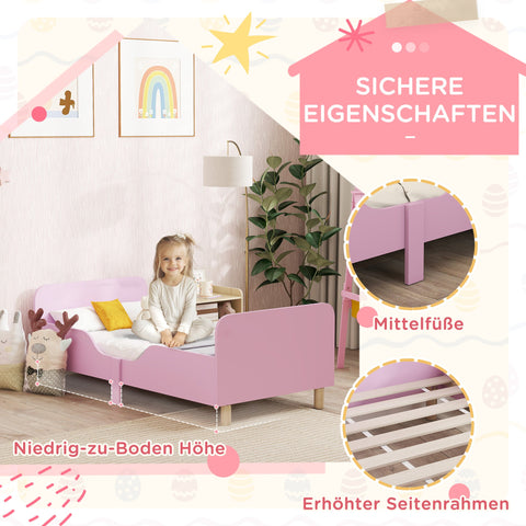 Rootz Pink Children's Bed Frame - Single Bed - Toddler Bed Frame - Protective Grille - MDF & Pine Wood - 143.5cm x 74.2cm x 50cm