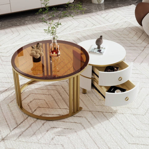Rootz 2-in-1 Coffee Table Set - Modern Living Room Table - Round Glass Tables - Storage Drawers - 70x70x45cm & 50x50x40cm