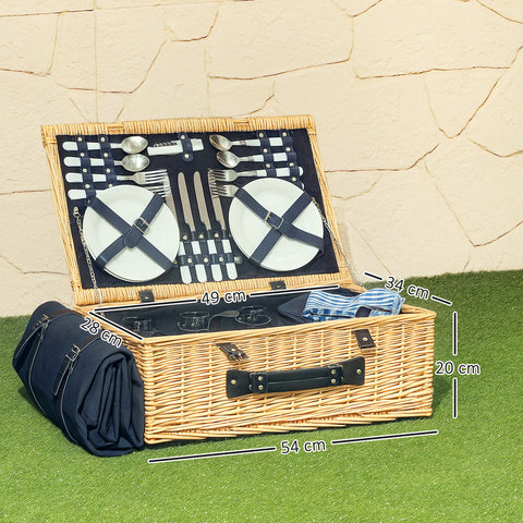 Rootz Picnic Basket - Picnic Case - Willow Basket - Insulated Cooling - 54cm x 34cm x 20cm - Brown Finish for 4 People