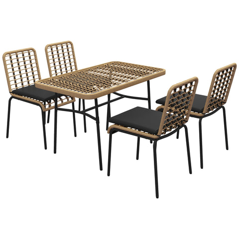 Rootz 5-Piece Rattan Garden Furniture Set - Patio Dining Set - Outdoor Table and Chairs - Cushioned Comfort - Table: 120x70x74cm, Chairs: 50x62x86cm