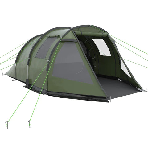Rootz Camping Tent for 3-4 Persons - Tunnel Tent - Two Interiors - Mesh Windows - Green - 4.75 x 2.64 x 1.72 m