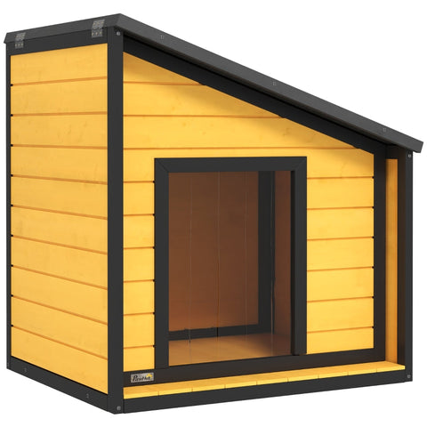 Rootz Wooden Dog House - Pet Shelter - Canine Abode - Hinged Roof - 71cm x 58cm x 53/77cm