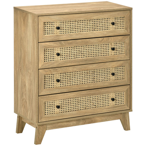 Rootz 4 Drawer Chest of Drawers - Storage Furniture - Rattan Front - Elegant Light Wood - 80cm x 35cm x 95cm