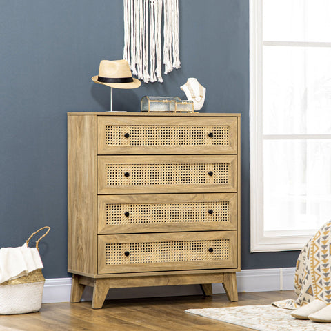 Rootz 4 Drawer Chest of Drawers - Storage Furniture - Rattan Front - Elegant Light Wood - 80cm x 35cm x 95cm
