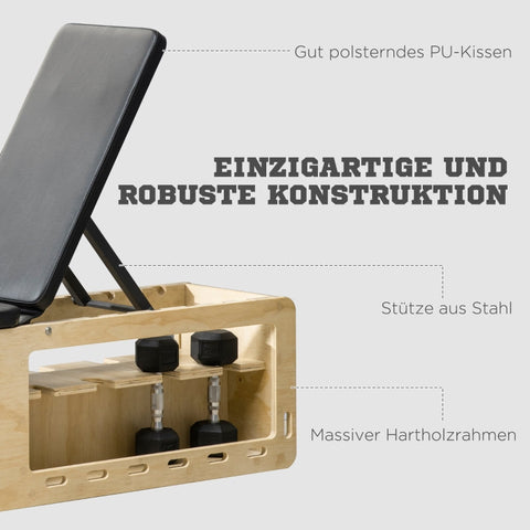 Rootz Weight Bench with Dumbbell Rack - Home Workout Bench - Adjustable Fitness Bench - Solid Wood - Padded Seat - 110cm x 35cm x 43-107cm