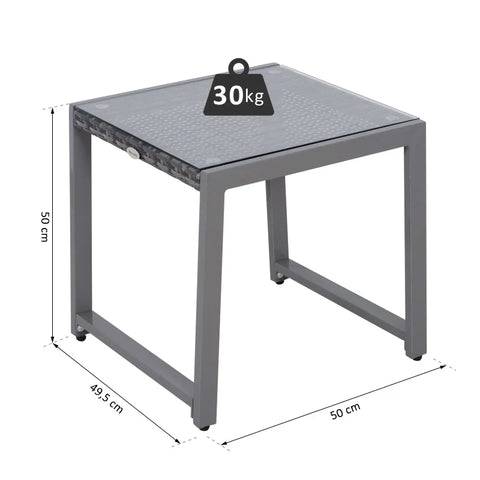 Rootz Garden Table - Garden Side Table - Coffee Desk - Garden Furniture With Tempered Glass - Polyrattan + Aluminum - Gray - 50 x 49.5 x 50 cm