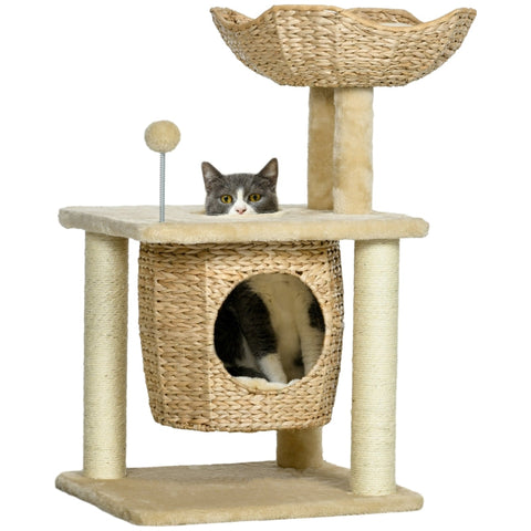 Rootz Cozy Chic Cat Tree - Elegant Feline Tower - Braided Reed Coaching - Plush Coverings - Scratching Posts - Sisal - 45cm x 40cm x 74cm