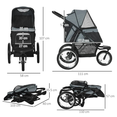 Rootz Folding Dog Stroller - Pet Stroller - Sun Shade - Mesh Window - Storage Basket - Gray - 111 x 58 x 107 cm