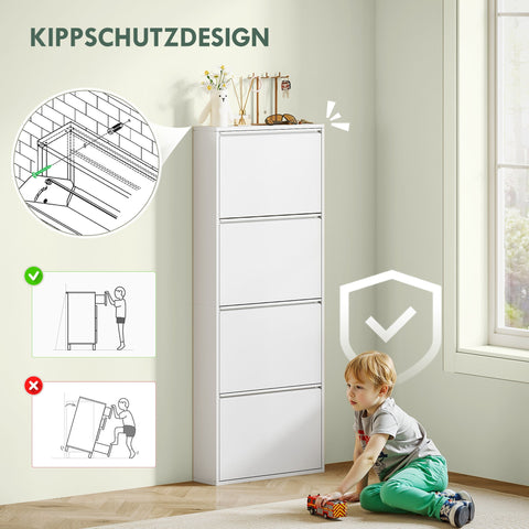 Rootz Narrow Metal Shoe Cabinet - Slim Shoe Rack - Entryway Organizer - Space-Saving, Stores 8 Pairs, White, 55x15x139.5cm