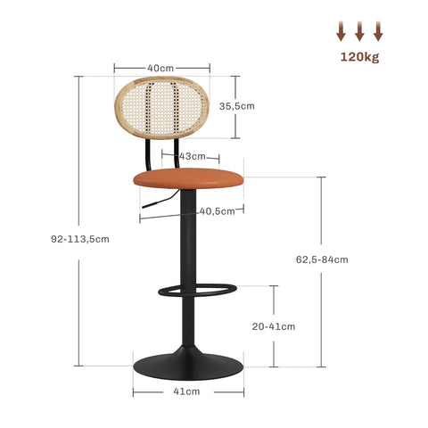 Rootz 2 Piece Set Rattan Bar Stools - Adjustable Stools - Swivel Stools - Comfort & Style - 40.5cm x 52cm x 92-113.5cm