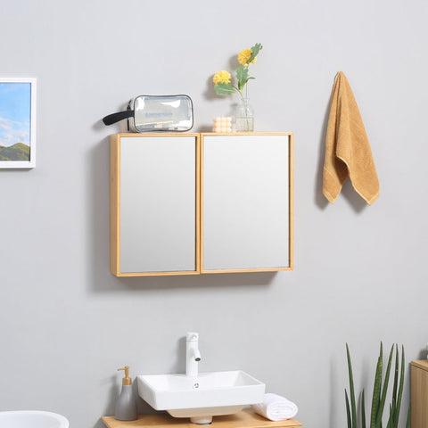 Rootz Kleankin Bathroom Cabinet with Mirror Doors - Storage Solution - Wall-Mounted Cabinet - Bamboo Housing - 65.2cm x 14cm x 50cm