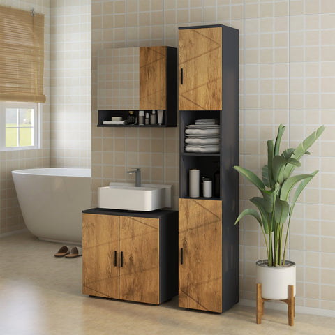Rootz Wall Mounted Bathroom Mirror Cabinet - Storage Space - Vanity Unit - Soft Close Dampers - 55 x 17 x 55 cm - Brown, Grey