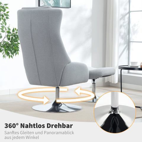 Rootz Grey Rotatable Upholstered Chair with Foot Stools - Armchair - Relax Chair - 360° Rotation - 84cm x 48cm x 118cm