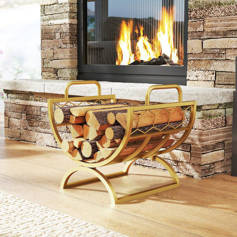 Rootz Firewood Rack Indoor - Log Holder - Wood Storage Stand - Stylish Gold Metal, Space-Saving, Durable - 46 x 36 x 41 cm