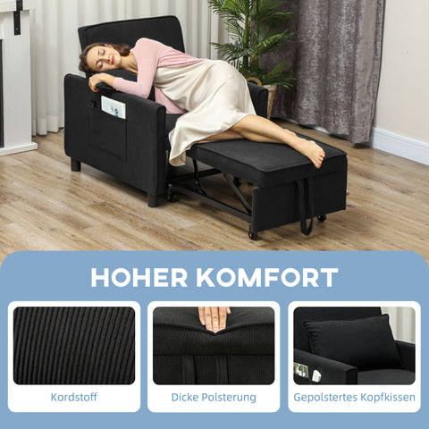 Rootz Adjustable Sleeper Chair - Convertible Lounge Chair - Recliner Bed - Comfort 3 Position - 74W x 84D x 81H cm - Black - 120kg Capacity