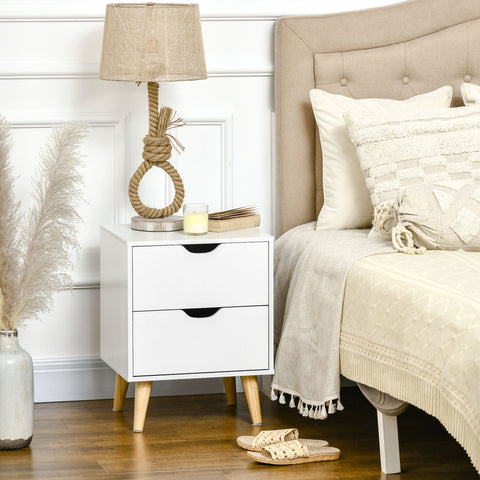 Rootz Bedside Table - Scandinavian Nightstand - White & Wood Look - 2 Drawer Storage - 40 x 35 x 50.5 cm